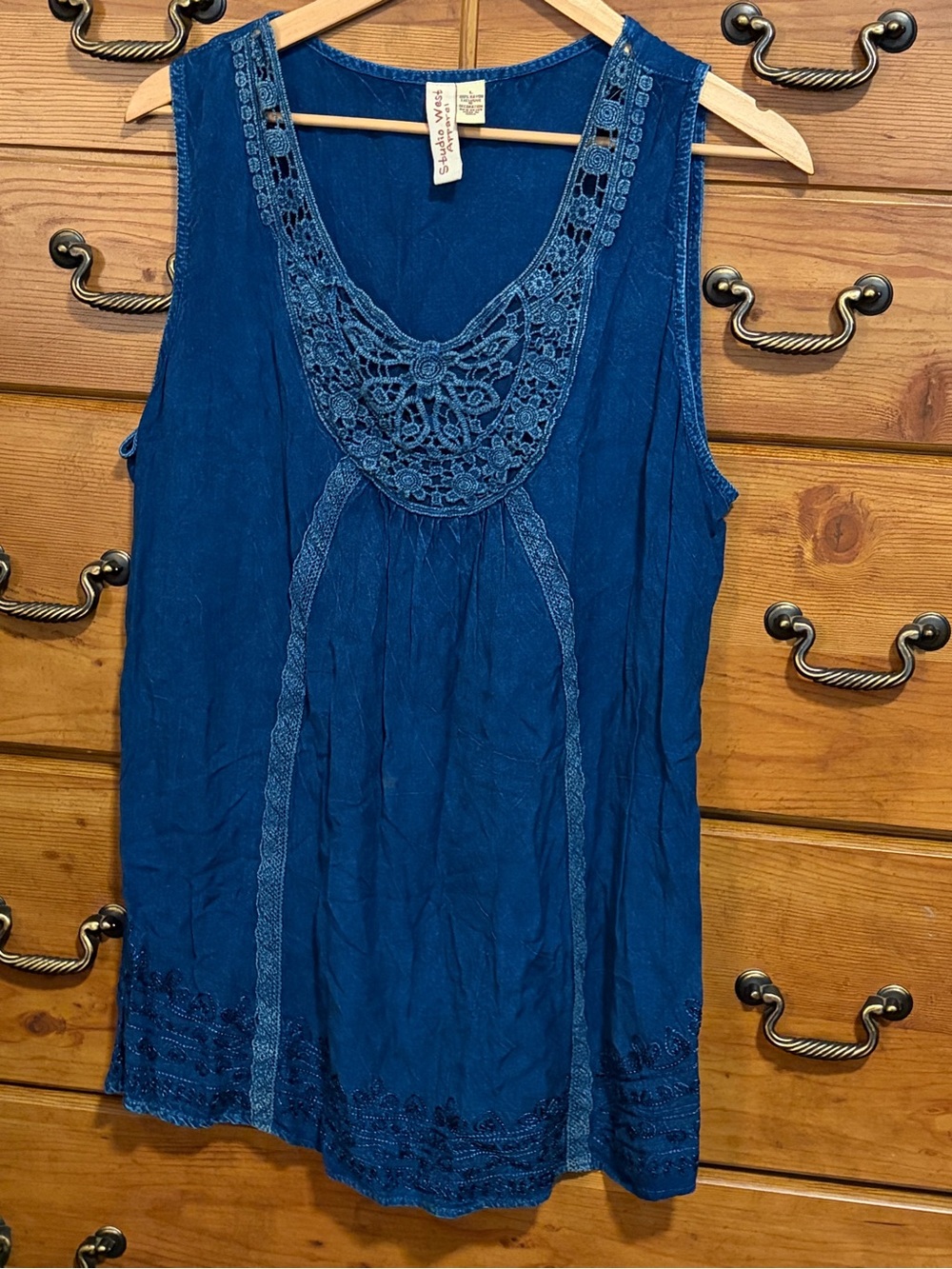 Studio West Deep Blue Crochet Yoke Tank Top